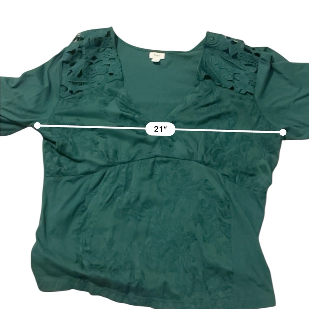 Anthropologie Tiny forest green blouse deep vee shoulder lace details holiday L - Picture 7 of 8